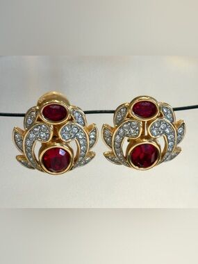 Vintage Swarovski Gold-Tone Red Crystal Clip Earrings